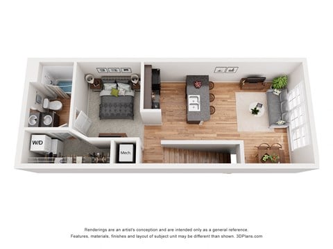 Floor plan for studio, 1 bath, 623 sqft